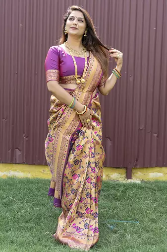Beige and magenta paithani silk blend saree with peacock motif