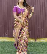 Beige and magenta paithani silk blend saree with peacock motif