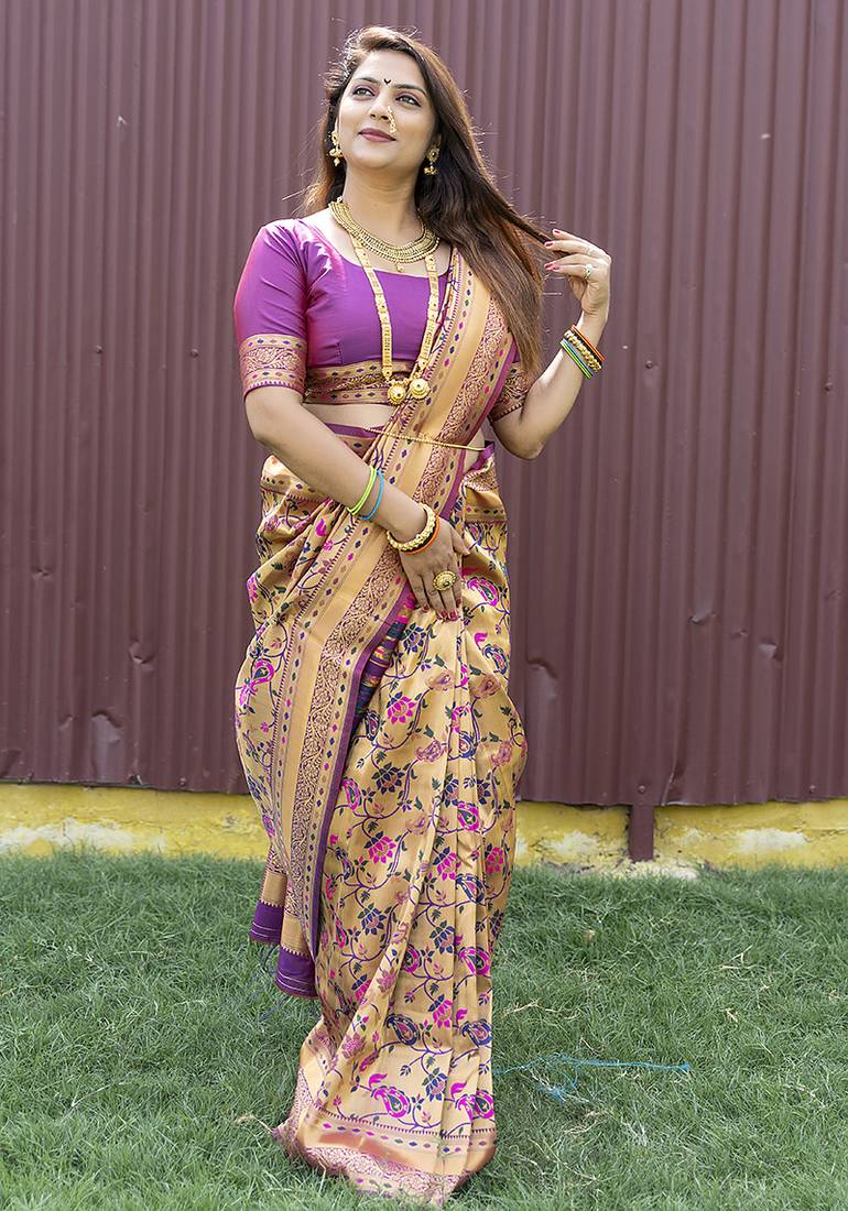 Beige and magenta paithani silk blend saree with peacock motif