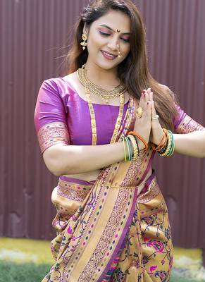 Beige and magenta paithani silk blend saree with peacock motif 2