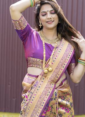 Beige and magenta paithani silk blend saree with peacock motif 3