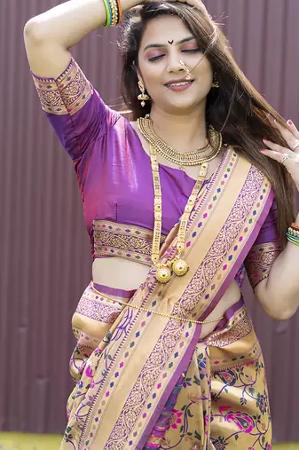 Beige and magenta paithani silk blend saree with peacock motif