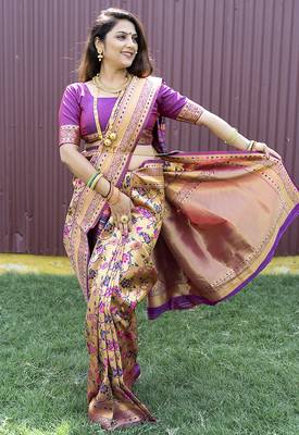 Beige and magenta paithani silk blend saree with peacock motif 4