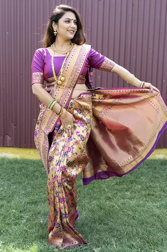 Beige and magenta paithani silk blend saree with peacock motif