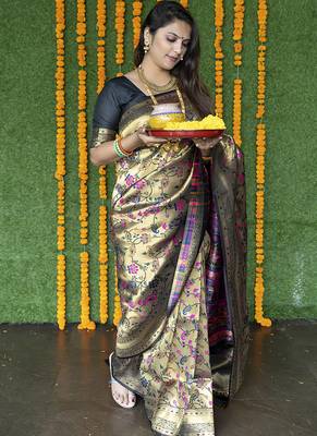 Beige and black paithani silk blend saree with peacock motif 1