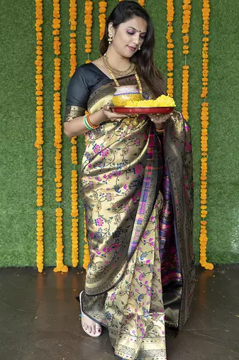 Beige and black paithani silk blend saree with peacock motif