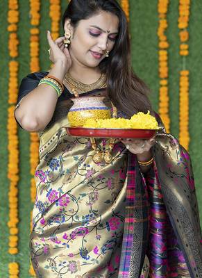 Beige and black paithani silk blend saree with peacock motif 2