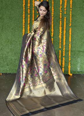 Beige and black paithani silk blend saree with peacock motif 3