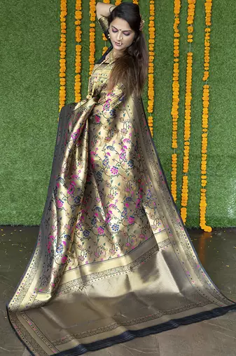 Beige and black paithani silk blend saree with peacock motif