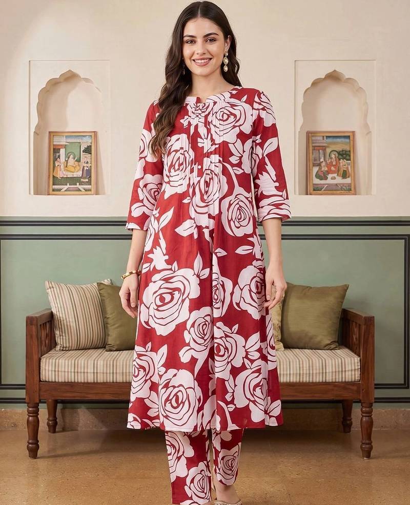 Women Floral Printed Regular Pure Cotton Kurta with Trousers