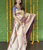 Beige and grey paithani silk blend saree with peacock motif