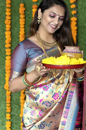Beige and grey paithani silk blend saree with peacock motif