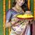 Beige and grey paithani silk blend saree with peacock motif