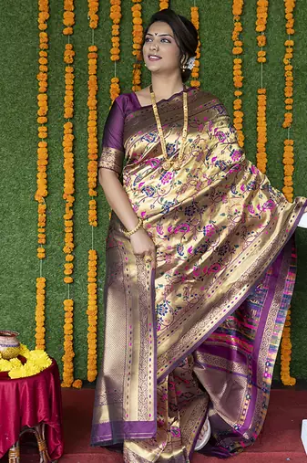 Beige and magenta pink paithani silk blend saree with peacock motif
