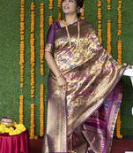 Beige and magenta pink paithani silk blend saree with peacock motif