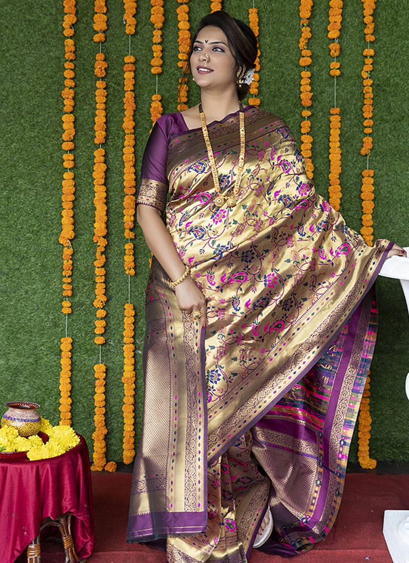 Beige and magenta pink paithani silk blend saree with peacock motif