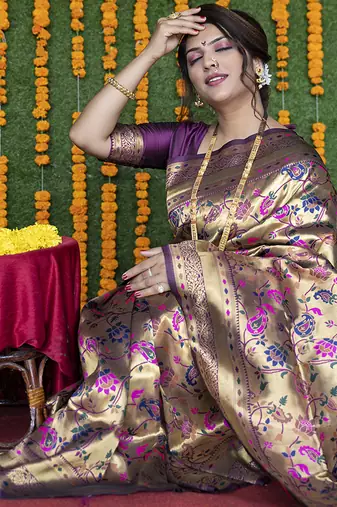 Beige and magenta pink paithani silk blend saree with peacock motif