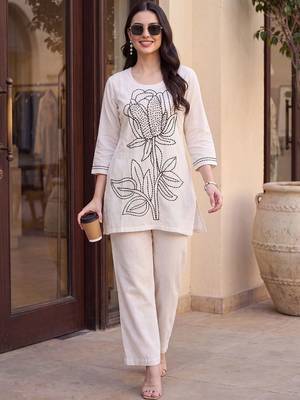 Women Floral Embroidered Regular Thread Work Pure Cotton Kurti with Trousers 1