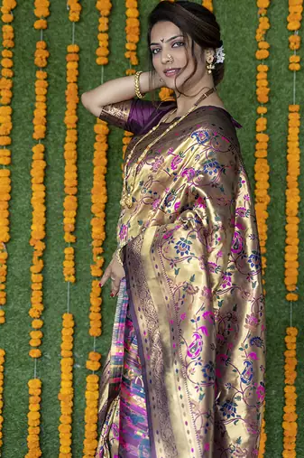 Beige and magenta pink paithani silk blend saree with peacock motif