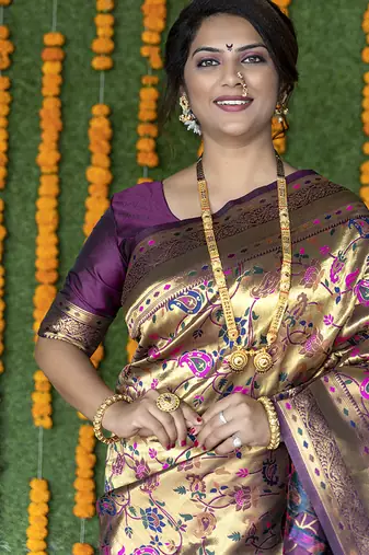 Beige and magenta pink paithani silk blend saree with peacock motif