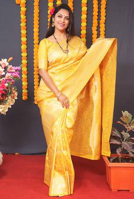 Yellow silk blend banarasi saree with zari weaving 1