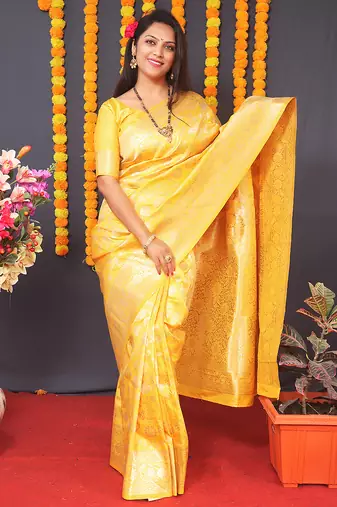 Yellow silk blend banarasi saree with zari weaving