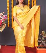 Yellow silk blend banarasi saree with zari weaving