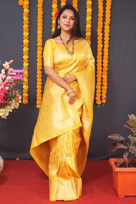 Yellow silk blend banarasi saree with zari weaving 2