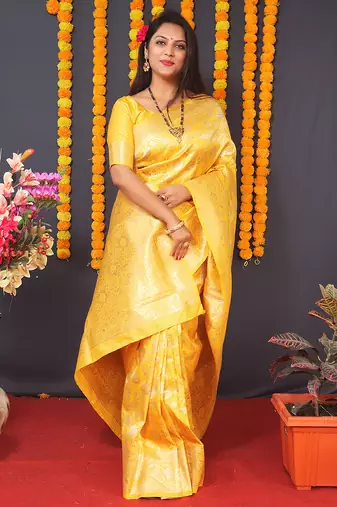 Yellow silk blend banarasi saree with zari weaving