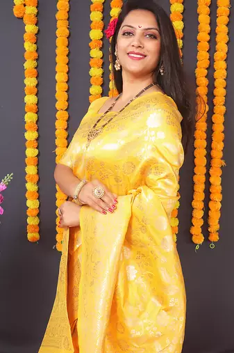 Yellow silk blend banarasi saree with zari weaving