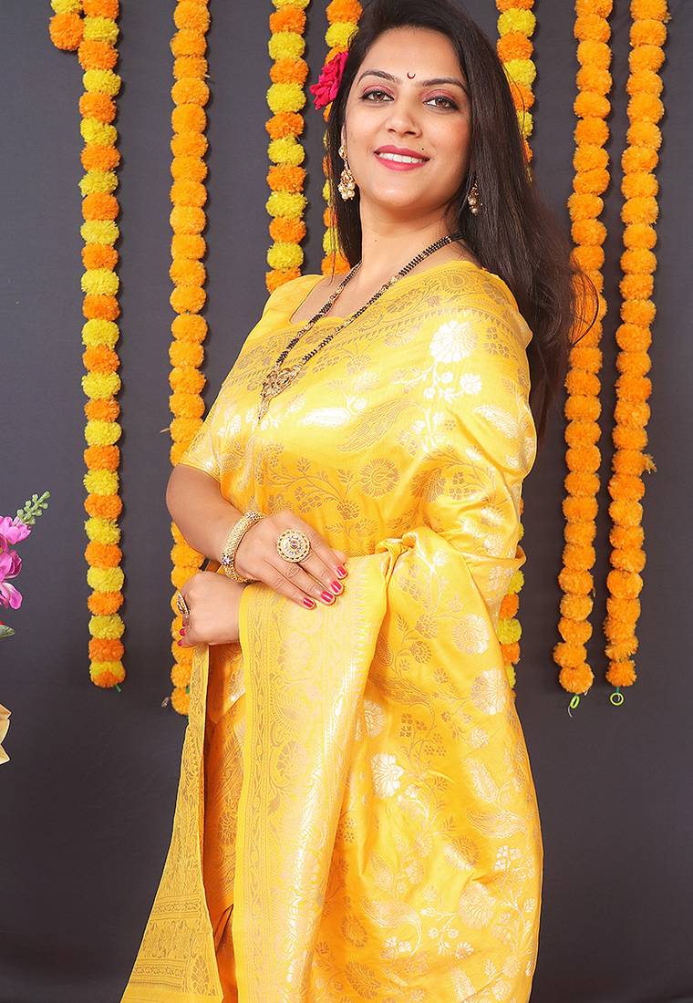 Yellow silk blend banarasi saree with zari weaving