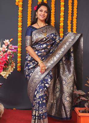 Navy blue silk blend banarasi saree with zari weaving 1