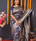 Navy blue silk blend banarasi saree with zari weaving