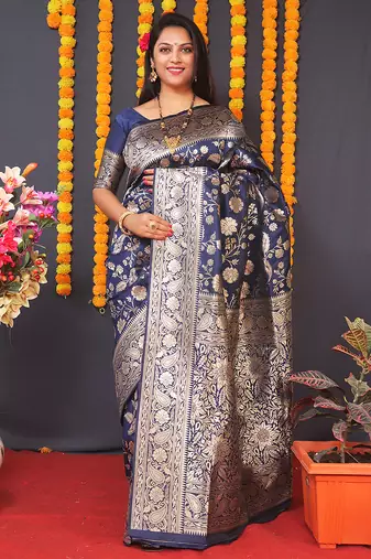 Navy blue silk blend banarasi saree with zari weaving