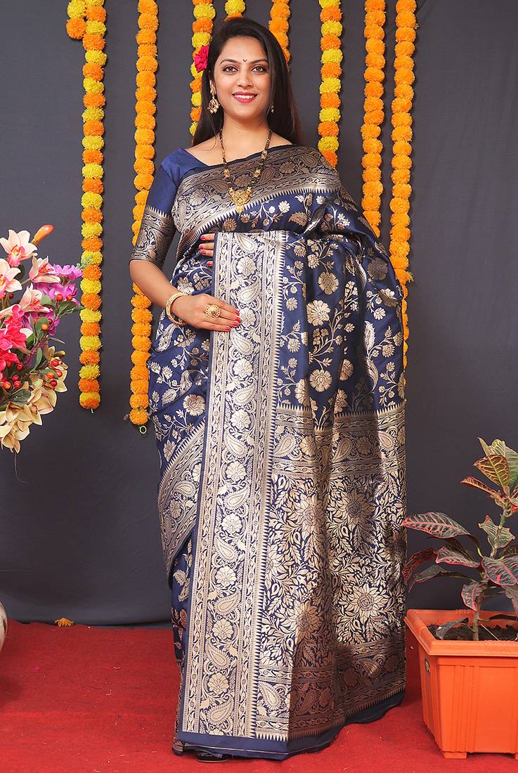 Navy blue silk blend banarasi saree with zari weaving