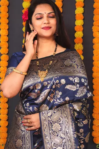 Navy blue silk blend banarasi saree with zari weaving