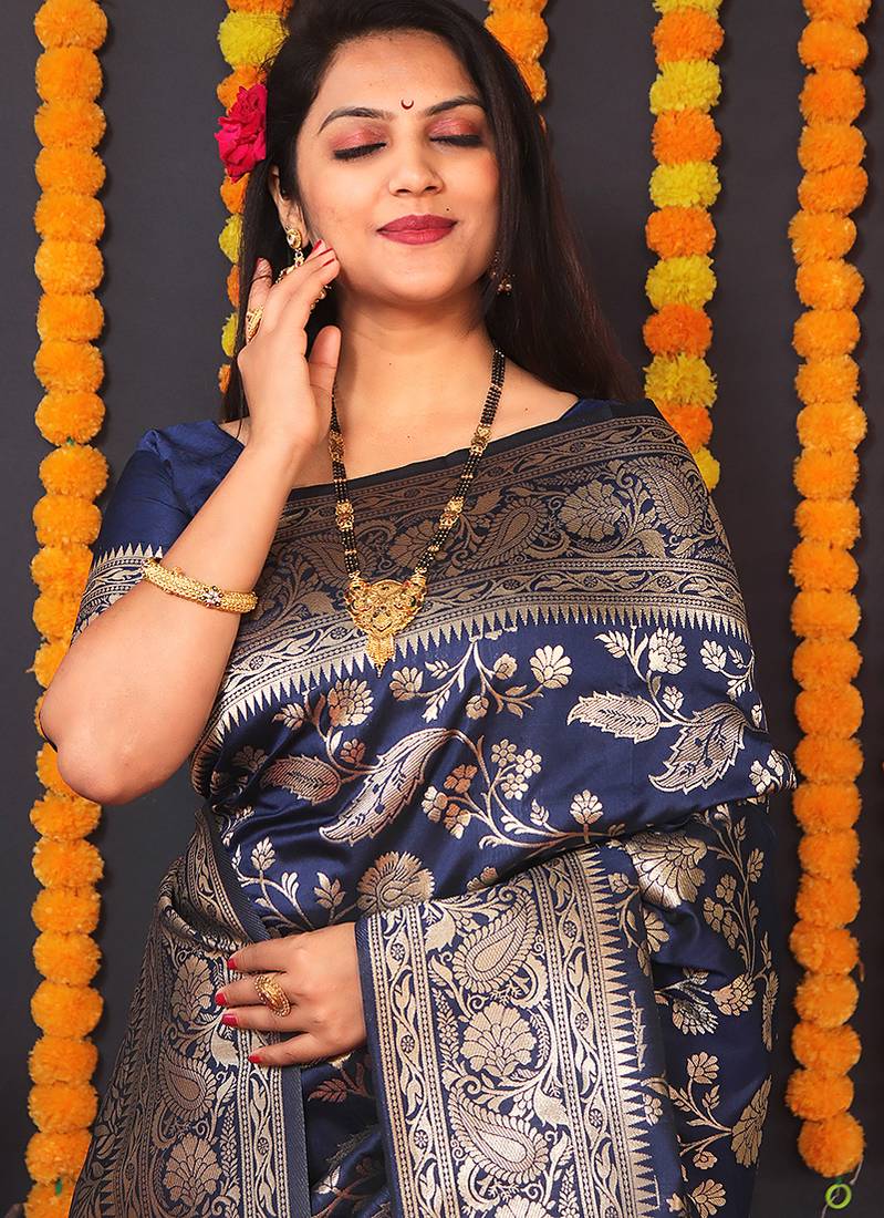 Navy blue silk blend banarasi saree with zari weaving