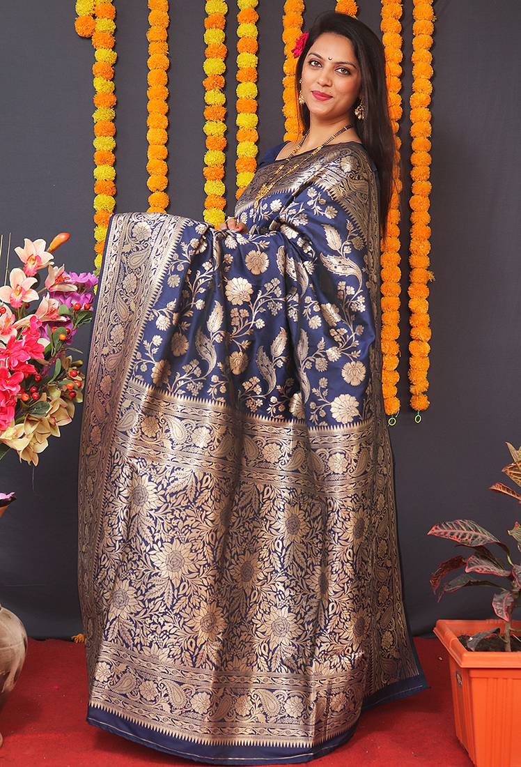 Navy blue silk blend banarasi saree with zari weaving