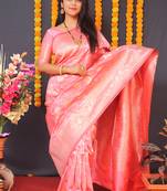 Pink silk blend banarasi saree with zari weaving