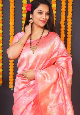 Pink silk blend banarasi saree with zari weaving 3