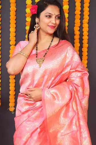 Pink silk blend banarasi saree with zari weaving