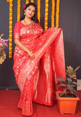 Red silk blend banarasi saree with zari weaving 1