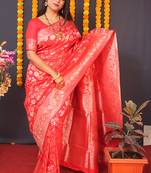 Red silk blend banarasi saree with zari weaving