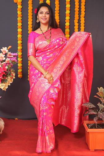 Rani pink silk blend banarasi saree with zari weaving