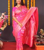 Rani pink silk blend banarasi saree with zari weaving