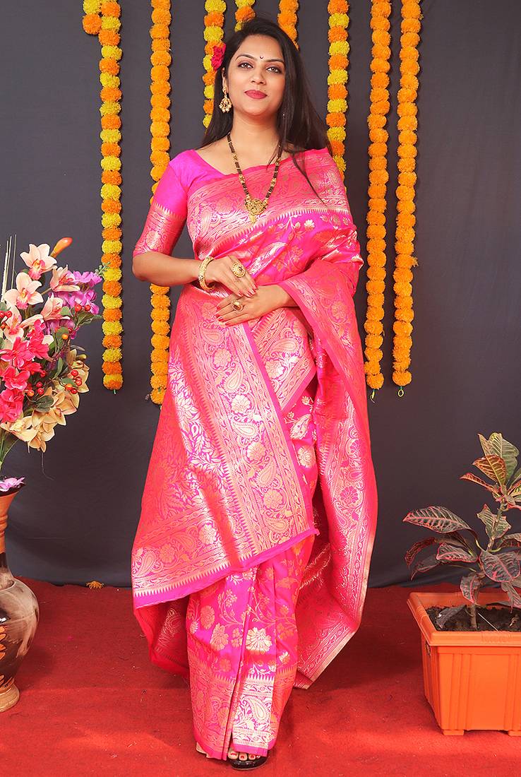 Rani pink silk blend banarasi saree with zari weaving