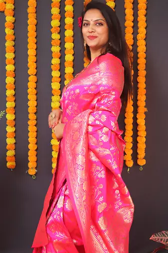 Rani pink silk blend banarasi saree with zari weaving
