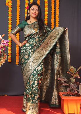 Dark green silk blend banarasi saree with zari weaving 1
