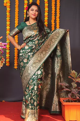 Dark green silk blend banarasi saree with zari weaving