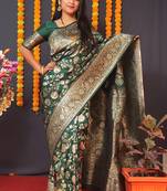 Dark green silk blend banarasi saree with zari weaving